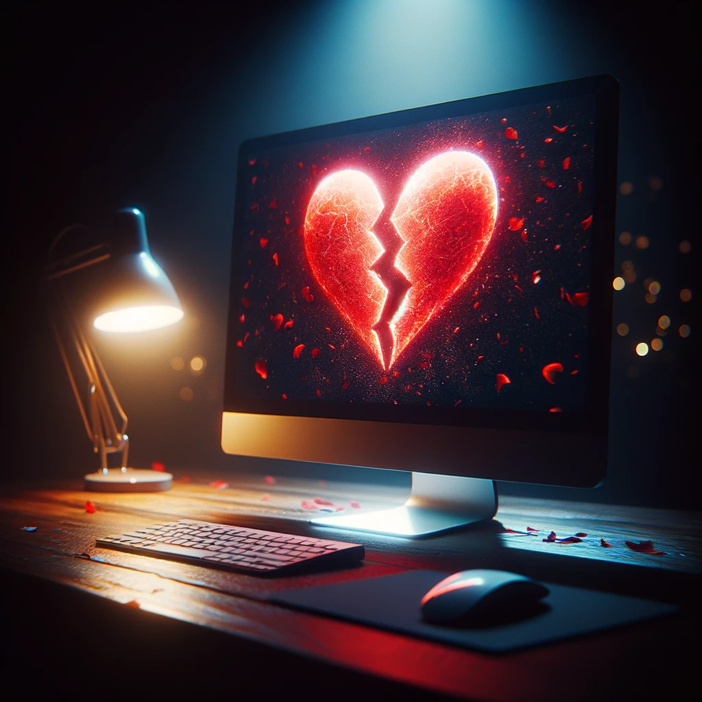 The image depicts a desktop computer with a picture of a broken heart on the screen in a somber atmosphere to describe the theme of romance scams.